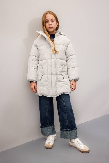 قمصلة نفخ طويل بناتي مقاوم للماء بغطاء للرأس