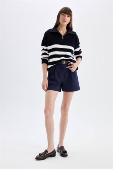 Relax Fit Çizgili Yarım Fermuarlı Selanik Kumaş Triko Kazak