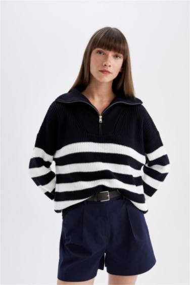 Relax Fit Çizgili Yarım Fermuarlı Selanik Kumaş Triko Kazak