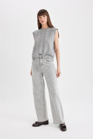 Regular Fit Bisiklet Yaka Basic Düz Saç Örgü Desenli Triko Süveter