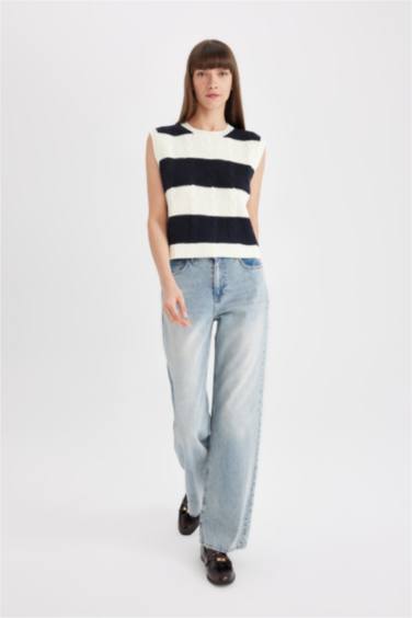 Regular Fit Çizgili  Bisiklet Yaka Triko Süveter