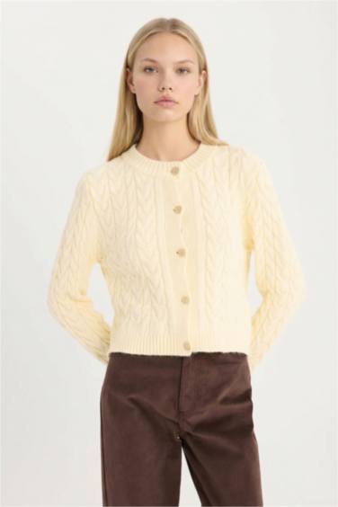 Regular Fit Crew Neck Patterned Knitwear Cardigan