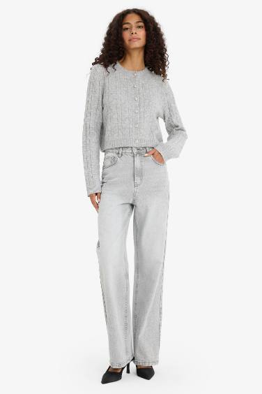 Regular Fit Bisiklet Yaka Selanik Örgü Desenli Triko Hırka