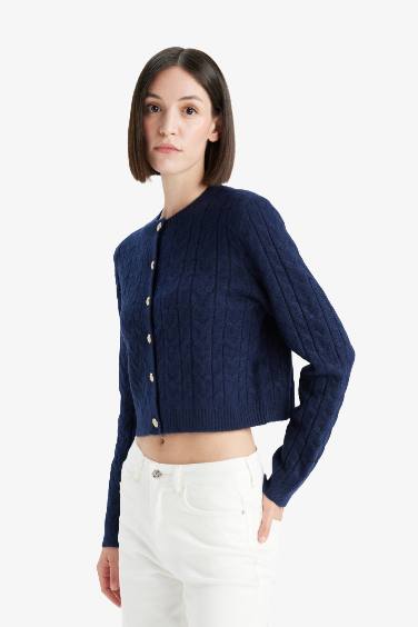 Regular Fit Bisiklet Yaka Selanik Örgü Desenli Triko Hırka