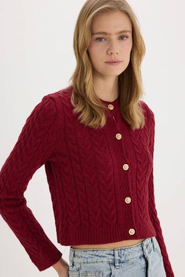 Cardigan tricot basique à col rond et coupe régulière