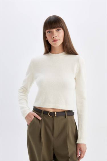 Regular Fit Bisiklet Yaka Premium Basic Düz Crop Triko Kazak