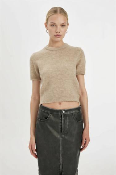 Regular Fit Bisiklet Yaka Premium Basic Düz Kısa Kollu Triko Kazak