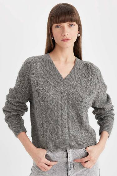 Relax Fit V Neck Hair Knitted Pullover