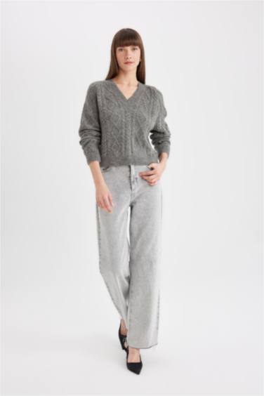 Relax Fit V Neck Hair Knitted Pullover