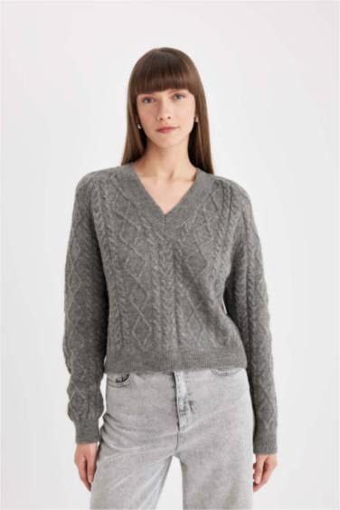 Relax Fit V Neck Hair Knitted Pullover