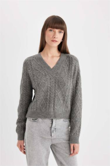 Relax Fit V Neck Hair Knitted Pullover
