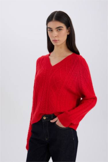 Relax Fit V Neck Knitted Red Pullover