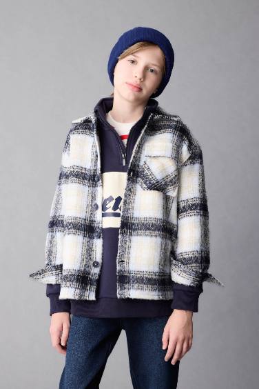 Boy Oversize Fit Polo Collar Flannel Plaid Shirt