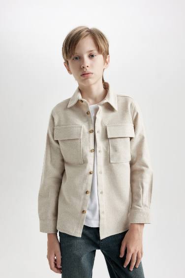 Boy Regular Fit Polo Neck Long Sleeve Beige Shirt