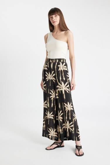 Maroken Kumaş Pantolon Culotte Desenli Beli Lastikli Geniş Paça Uzun Boy