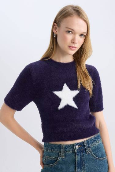 Fitted Crew Neck Star Printed Plush Pullover