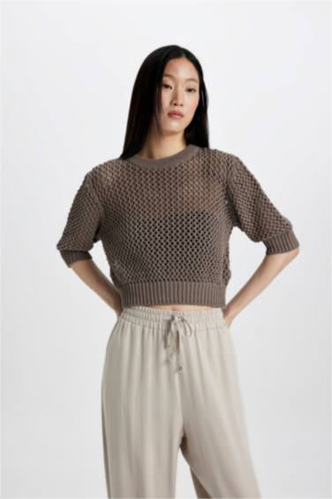 Crew Neck Half Sleeve Crochet Pullover