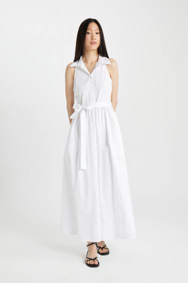 فستان طويل بوبلين بياخة قميص بدون ردن