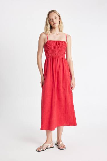 A-Line Linen Look Red Strap Maxi Dress