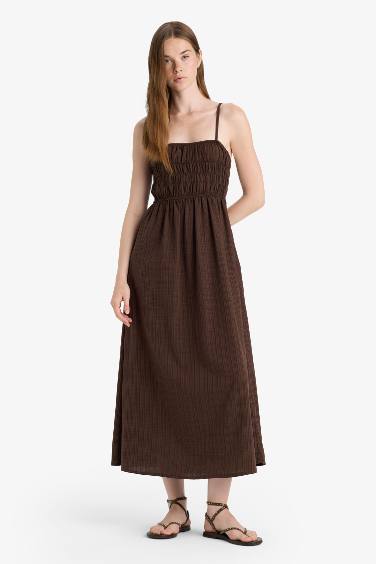 Keten Görünümlü Askılı Maxi Elbise