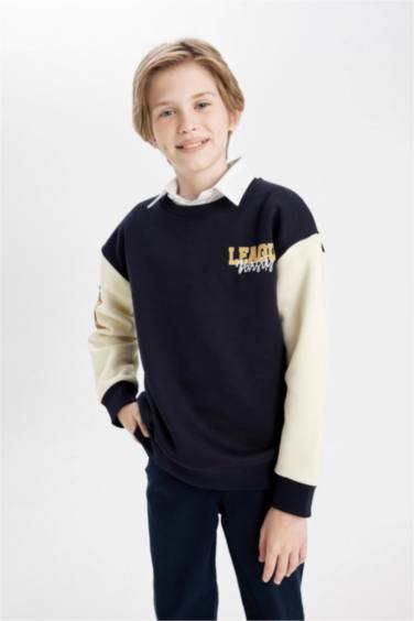 Erkek Çocuk Oversize Geniş Kalıp Bisiklet Yaka Baskılı Okul Sweatshirt