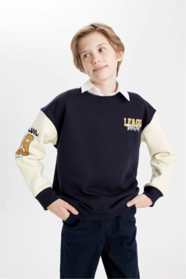 Erkek Çocuk Oversize Geniş Kalıp Bisiklet Yaka Baskılı Okul Sweatshirt