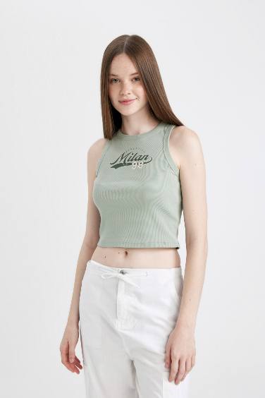 Fitted Printed Crew Neck Ribbed Camisole Crop Top