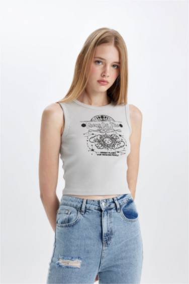 Fitted Printed Crew Neck Ribbed Camisole Crop Top