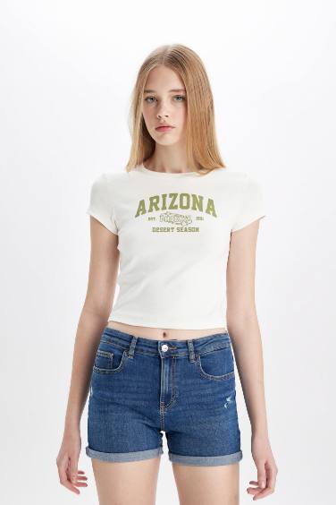 تيشيرت نص كم مطبوع برقبة مستديرة