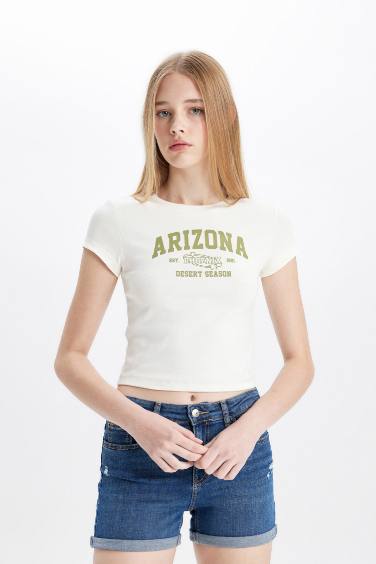 تيشيرت نص كم مطبوع برقبة مستديرة