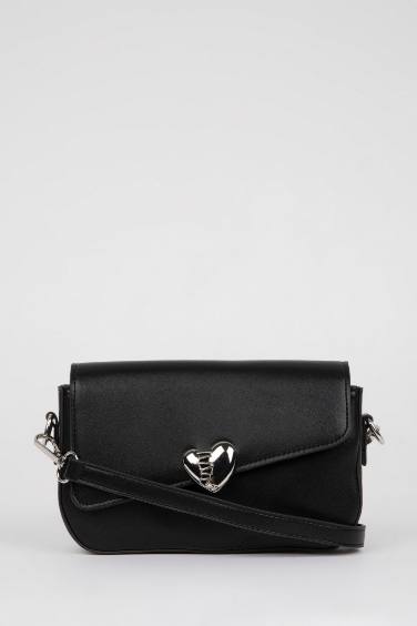 Woman Heart Buckled Faux Leather Shoulder Bag