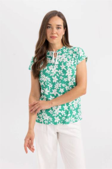 Patterned Open Neck Short Sleeve T-Shirt