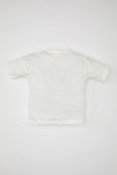 تيشيرت بيبي بناتي نص كم أبيض بطبعة شعار قصة عادية بياقة مستديرة