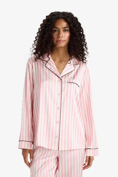 Pijama Takımı Regular Fit Çizgili Saten Uzun Kollu Üst Uzun Alt