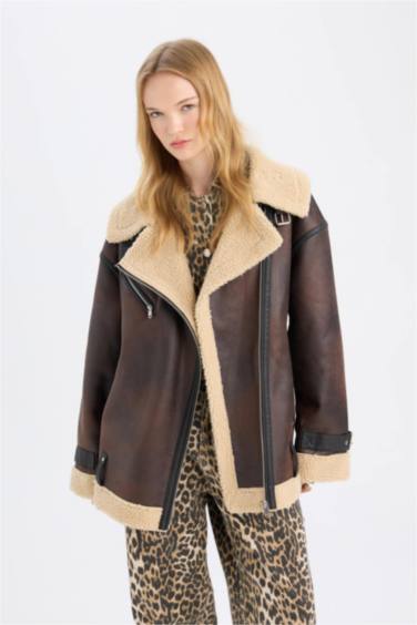 Relax Fit Pelüş Astarlı Mont Kruvaze Yaka Fermuarlı Kemerli