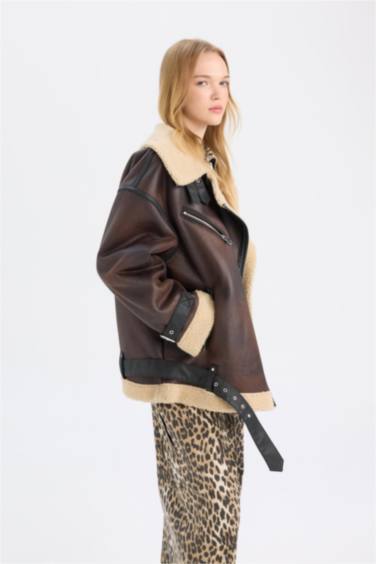 Relax Fit Pelüş Astarlı Mont Kruvaze Yaka Fermuarlı Kemerli