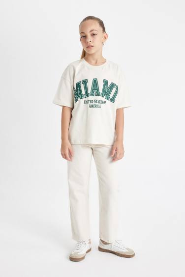 Kız Çocuk Straight Fit Geniş Bol Paça Cepli Pamuklu Bej Okul Pantolonu