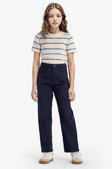 Kız Çocuk Straight Fit Geniş Bol Paça Cepli Pamuklu Okul Pantolonu