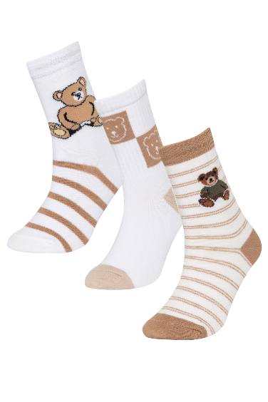 Girl Bear Patterned 3 Piece Cotton Long Socks