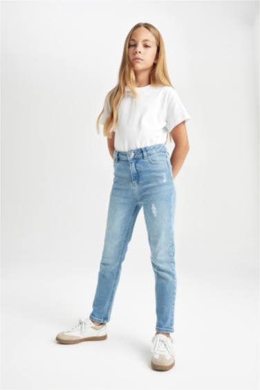 Kız Çocuk Skinny Fit Yırtık Detaylı Dar Paça Cepli Jean Pantolon