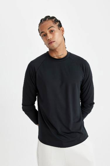 DeFactoFit Slim Fit Dar Kesim Dik Yaka Baskılı Uzun Kollu Sporcu Tişört