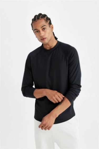 DeFactoFit Slim Fit Dar Kesim Dik Yaka Baskılı Uzun Kollu Sporcu Tişört