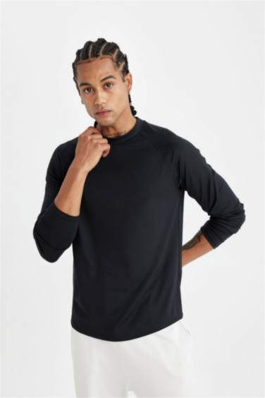 DeFactoFit Slim Fit Dar Kesim Dik Yaka Baskılı Uzun Kollu Sporcu Tişört