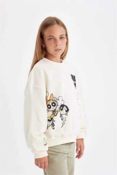 PowerPuff Girls Oversize Geniş Kalıp Bisiklet Yaka Sweatshirt Kız Çocuk
