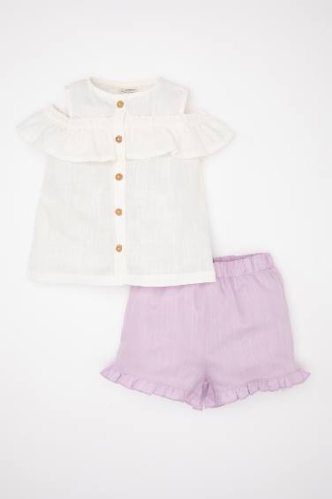 Ensemble de Blouse Popeline sans Manches à Volants Flammée et Short pour Bébé Fille - 2 Pièces