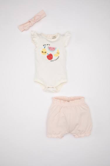 Baby Girl Fruit Patterned Cotton Snap Body Shorts Hair Band 3 Piece Set