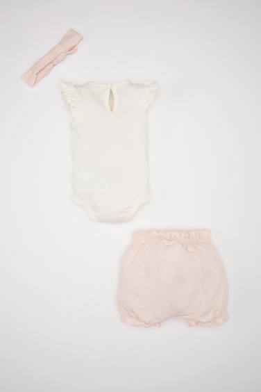 Baby Girl Fruit Patterned Cotton Snap Body Shorts Hair Band 3 Piece Set