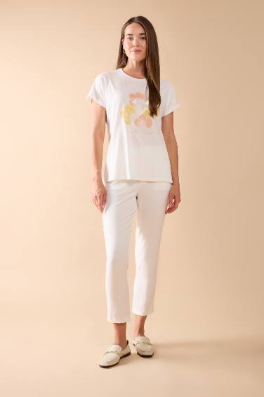 T-Shirt Fleuri à Manches Courtes à Col Rond