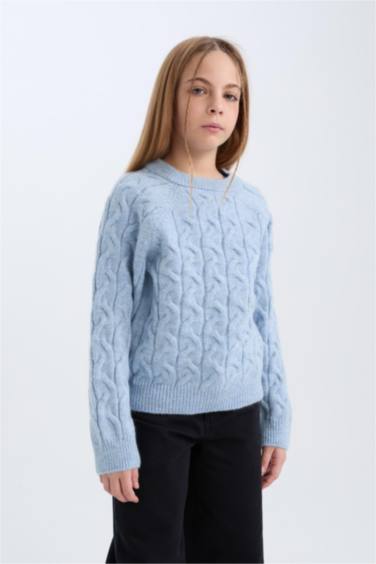 Standart Fit Bisiklet Yaka Saç Örgülü Triko Kazak Kız Çocuk