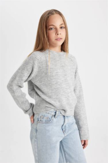 Kız Çocuk Gri Bisiklet Yaka Basic Düz Triko Kazak